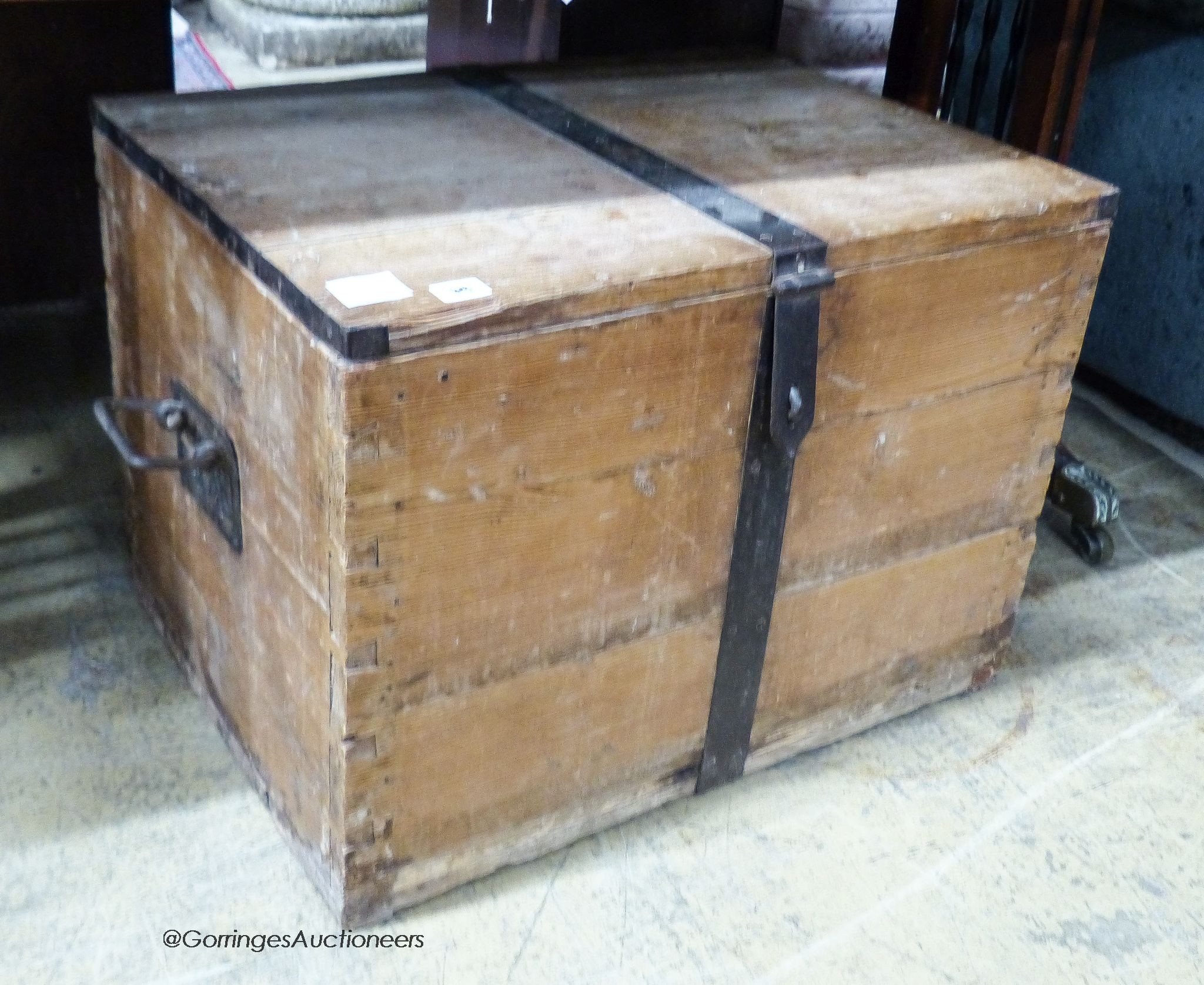 A Victorian iron bound pine trunk, length 63cm, depth 47cm, height 44cm